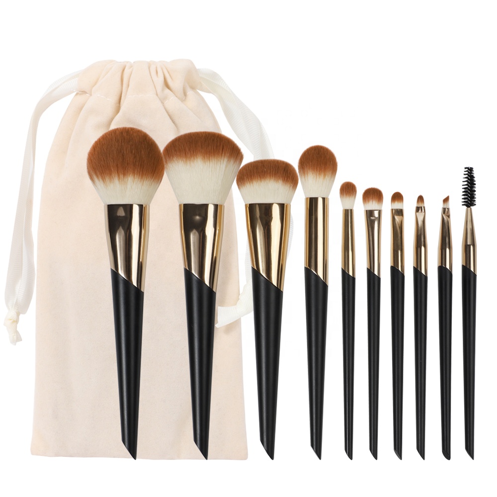 Zh 10pcs Cosmetic High Quality Plastic Handle Premium Make-up Brush Vegan Synthetic Hair Gold Black Brushes Makeup With Bag 
