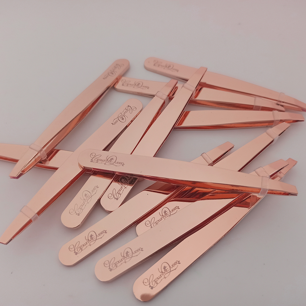 Wholesale Cosmetics Personalized Professional Slanted Rose Gold Custom Stainless Eyebrow Tweezers 