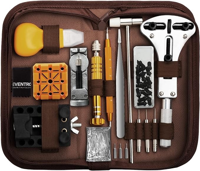 Kit de Reparación de Relojes, Eventronic Juego de Herramientas de Barra de Resorte Profesional, Juego de Herramientas de Pasador de Enlace de Banda de Reloj con Estuche (Marrón)