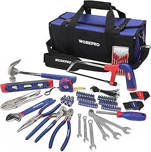 WORKPRO Juego de Herramientas Básicas y Accesorios 156-piezas con Bolsa, Herramientas manuales para hogar con Alicates Destornilladores Llaves Hexagonales etc para Bricolaje